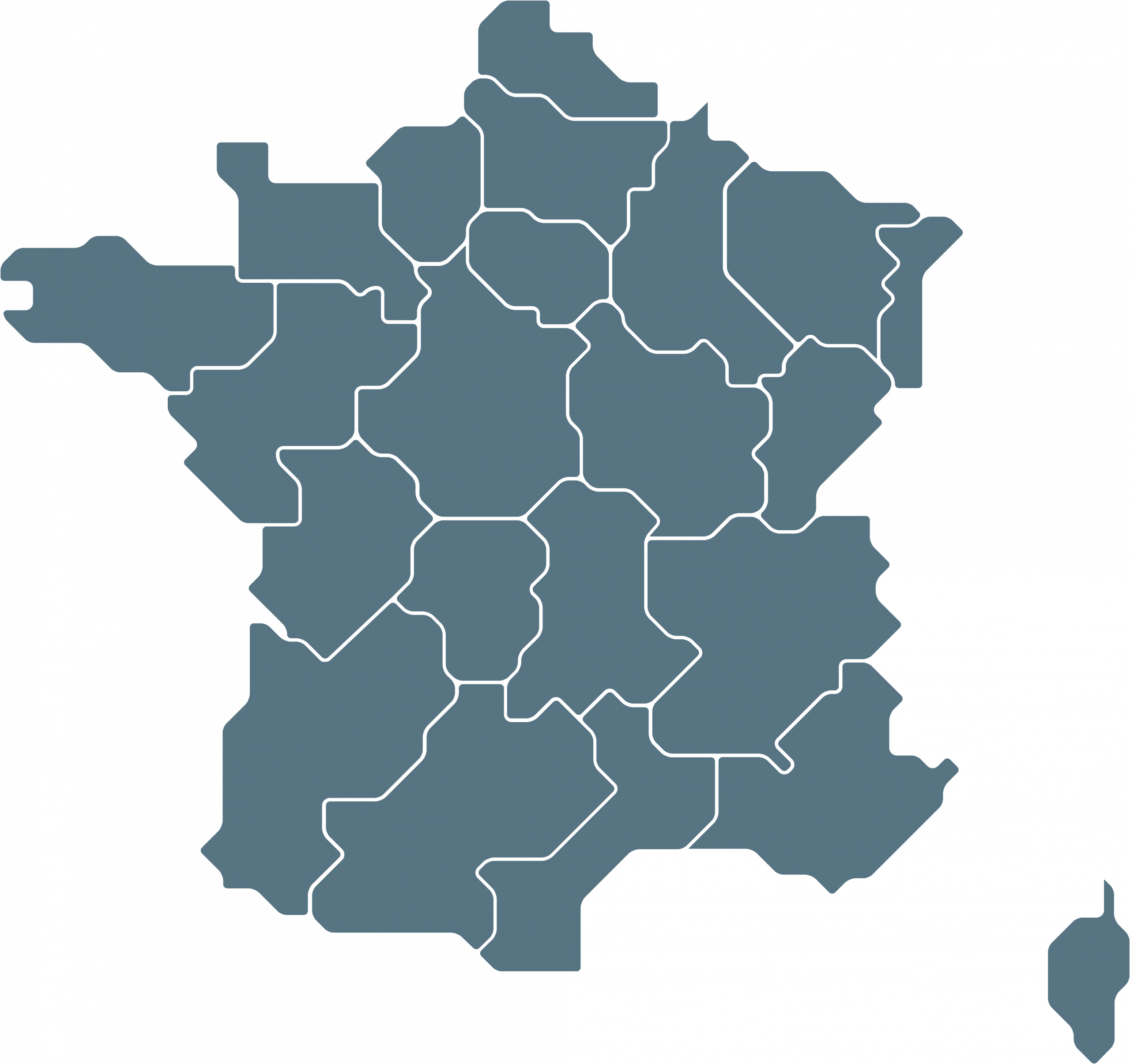 Carte de France des cinq centres de formation drone Drone On Air : Nantes, Paris, Rennes, Caen et Saintes