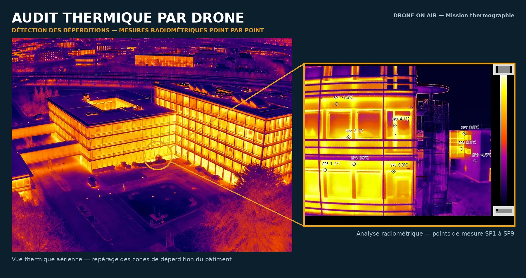 Audit thermique par drone - vue aérienne et analyse radiométrique des déperditions d'un bâtiment
