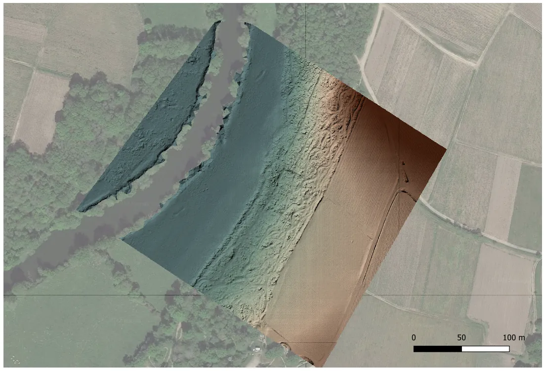 Raster hillshade et modèle numérique de terrain issus d'un relevé LiDAR par drone